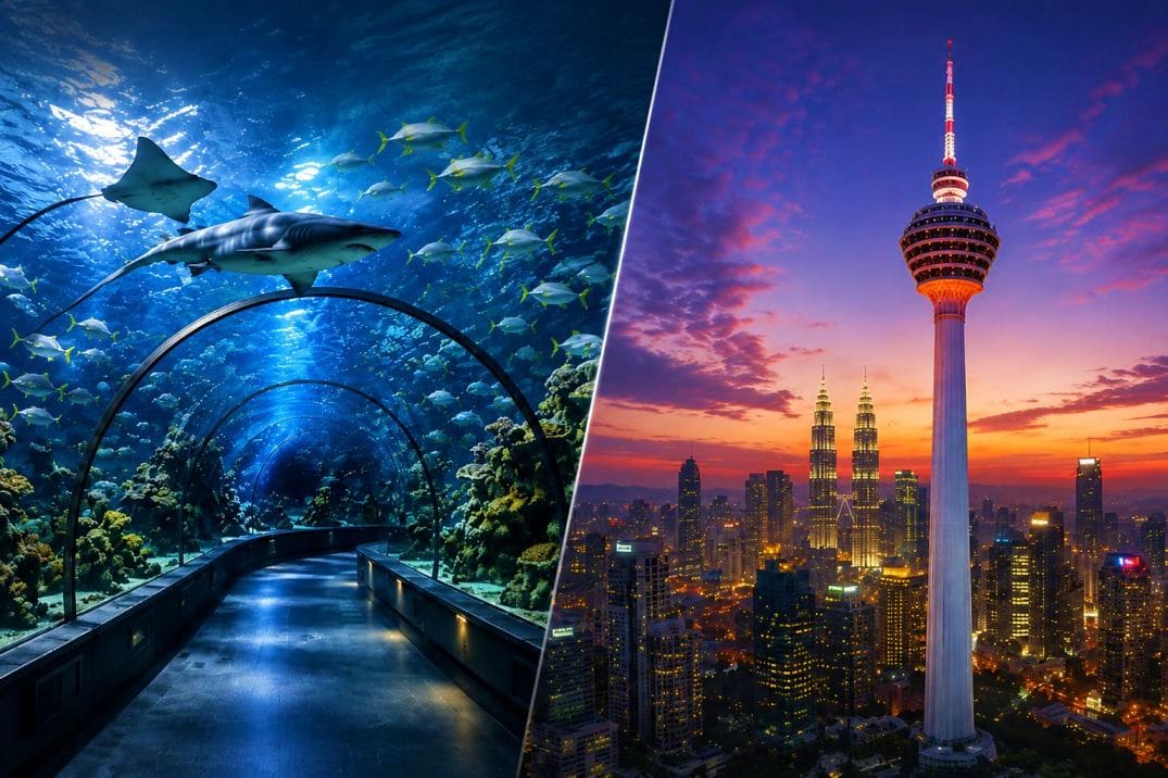 Split image showing underwater tunnel with sharks and tropical fish on left, Kuala Lumpur Tower and city skyline at sunset on